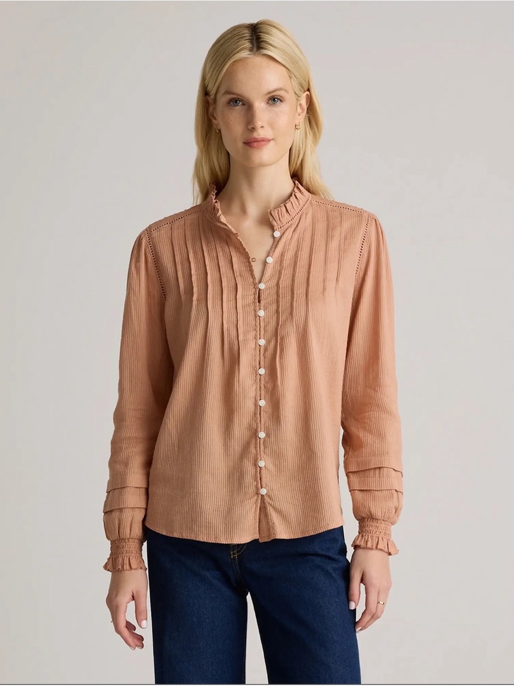 Quince Organic Textured Cotton Peasant Blouse in Cafe au Lait, Sz Small